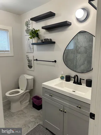 a bathroom with a toilet sink and mirror