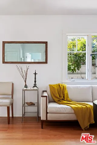 a living room with a couch and a potted plant
