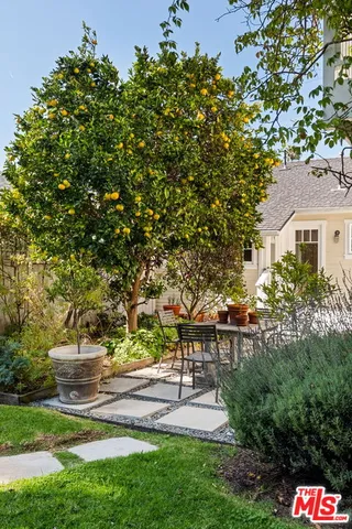 a view of backyard with table and chairs and potted plants and large trees