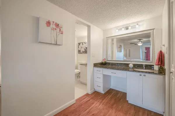 a bathroom with a granite countertop sink and a mirror