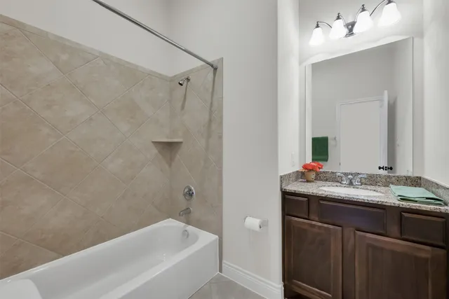 a bathroom with a bathtub sink vanity and mirror