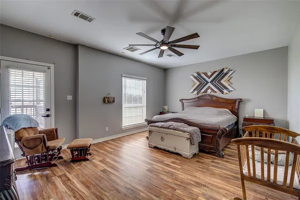 a bedroom with furniture and wooden floor