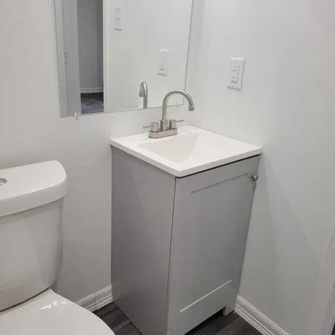 a bathroom with a sink a toilet and a mirror