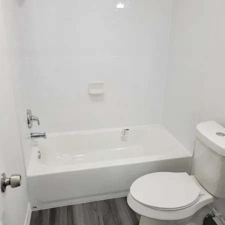 a white toilet sitting next to a bath tub