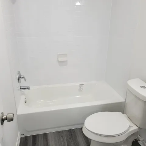 a white toilet sitting next to a bath tub