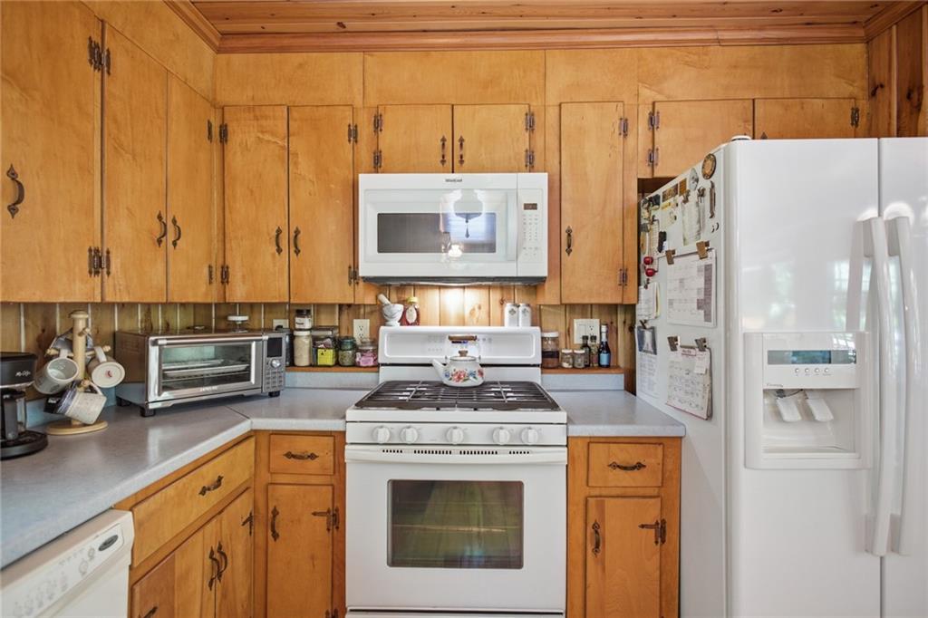 46 Spartan Lane Rabun Gap, GA 30568 - Photo 15 of 89 a kitchen with stainless steel appliances granite countertop a refrigerator a stove and a sink with wooden cabinets