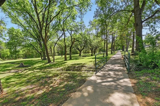 a view of a park with large trees