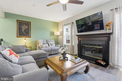 a living room with furniture a flat screen tv and a fireplace