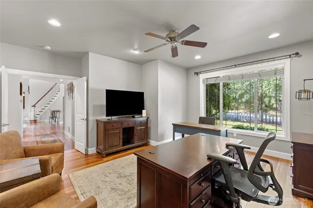 a view of a hallway with workspace