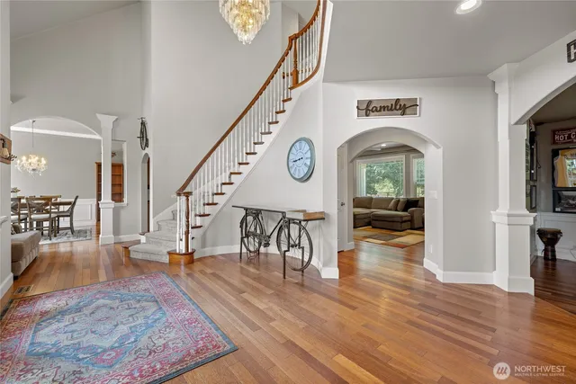 a view of a dining room with furniture