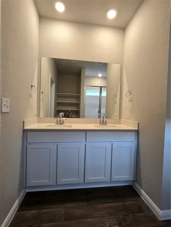 a bathroom with a sink and a mirror