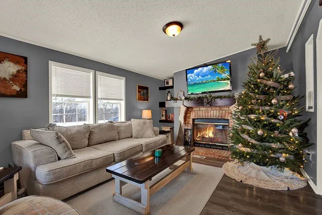 a living room with fireplace furniture and a flat screen tv