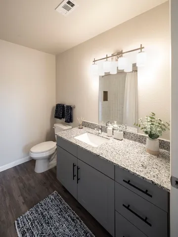 a bathroom with a granite countertop toilet a sink and a mirror