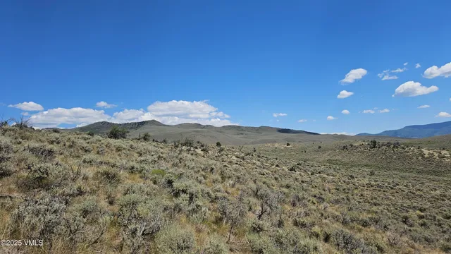 a view of a dry yard with mountains in the background