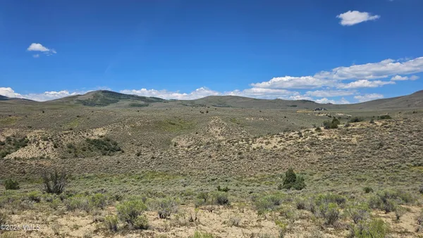 a view of a mountain in the distance in a field
