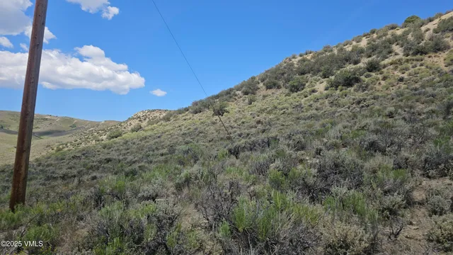 a view of a dry yard with mountains in the background