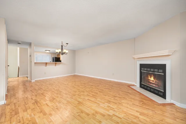 a view of empty room with wooden floor and fireplace