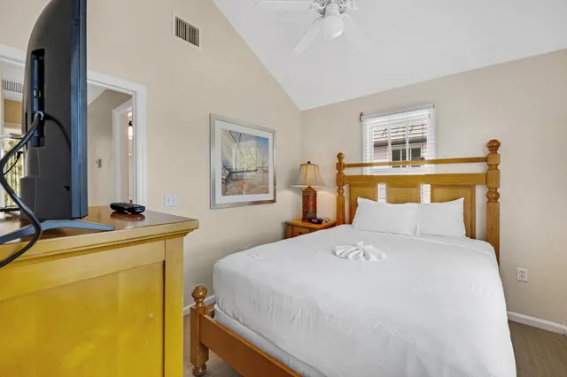 a bedroom with a bed and a television