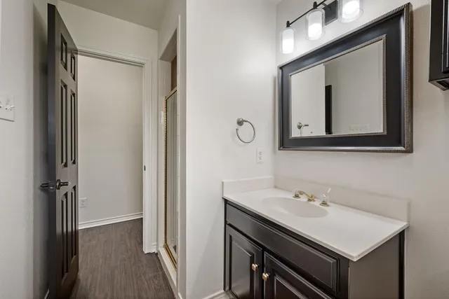 a bathroom with a sink vanity and a mirror