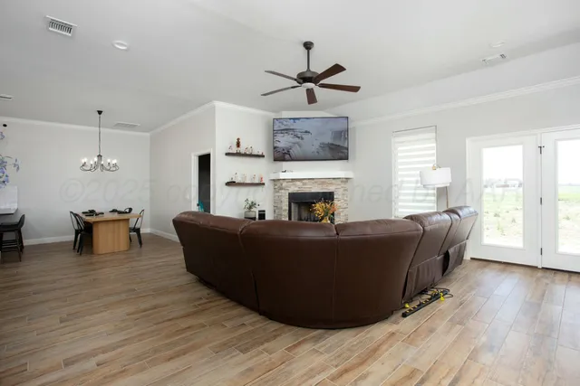 a living room with furniture and a fireplace