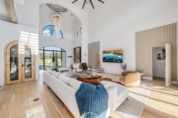 a living room with furniture and a floor to ceiling window