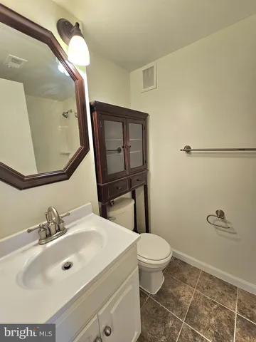 a bathroom with a sink a toilet and a mirror