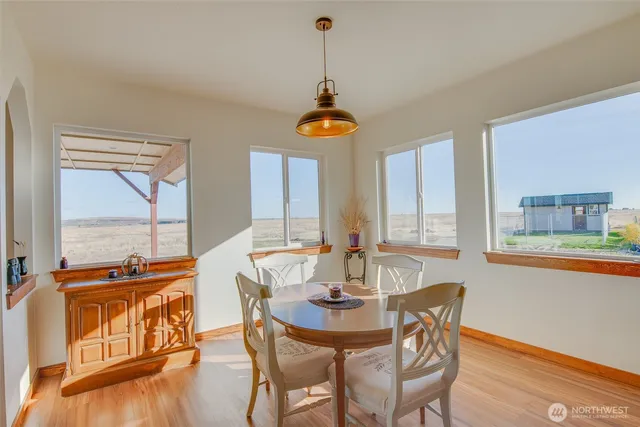 a room with table and window