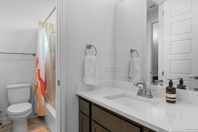 a bathroom with a sink a toilet and shower curtain