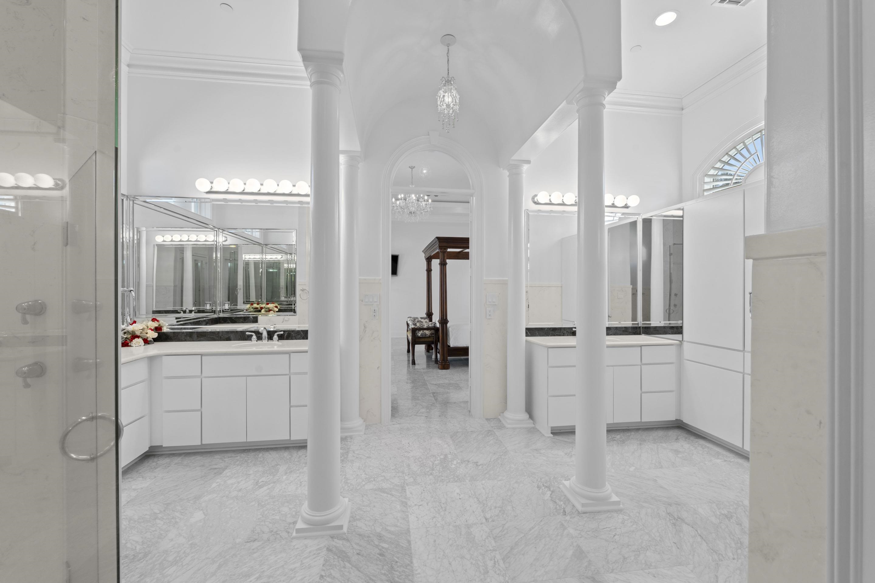 881 Bray Station Road Collierville, TN 38017 - Photo 24 of 40 Bathroom featuring ornamental molding, a shower stall, ornate columns, a chandelier, and vanity