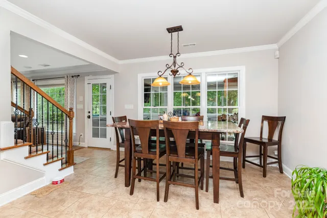 a view of a dining room with furniture window and outside view