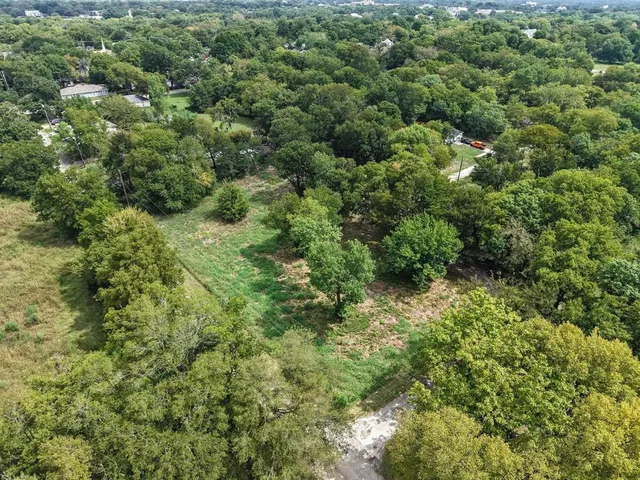 view of a lush green forest with houses