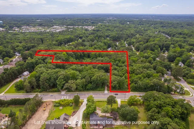 a view of a swimming pool with a yard and large trees