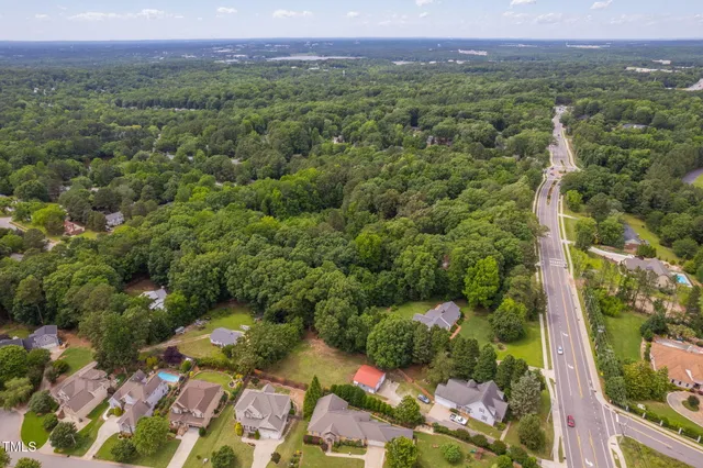 a view of a lush green forest with trees and houses