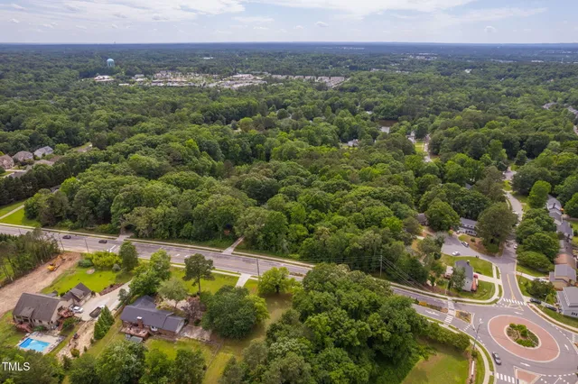 a view of a lush green forest with trees and houses