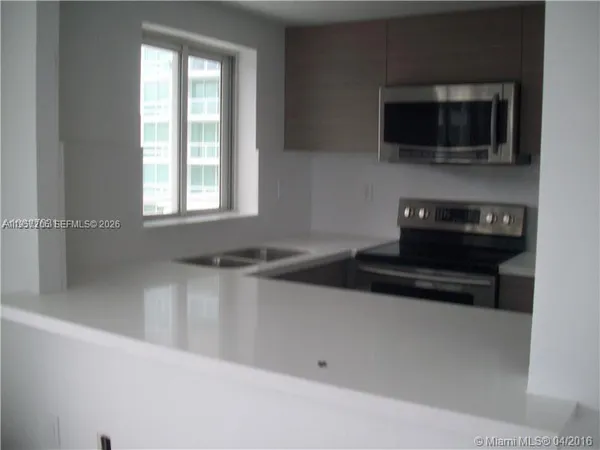a kitchen with a microwave and a stove