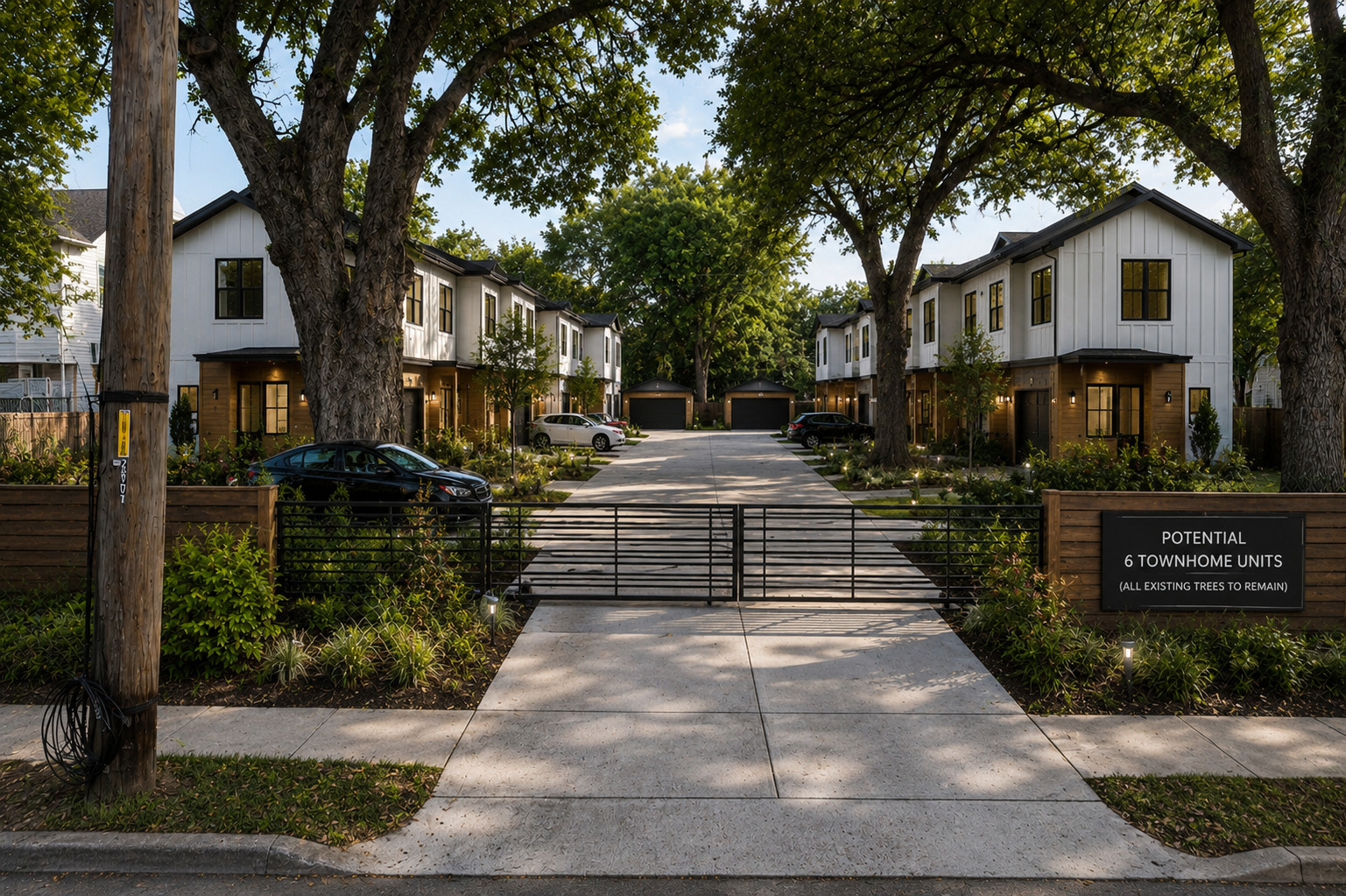 2017 East 8th Street Austin, TX 78702 - Photo 6 of 7 Mature trees canopy the entry to this desirable community of modern townhomes, featuring secure gated access and private garages.
