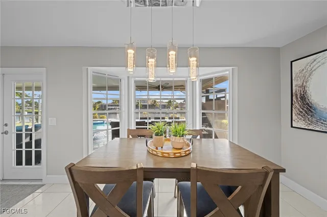 a view of a dining room with furniture window and outside view