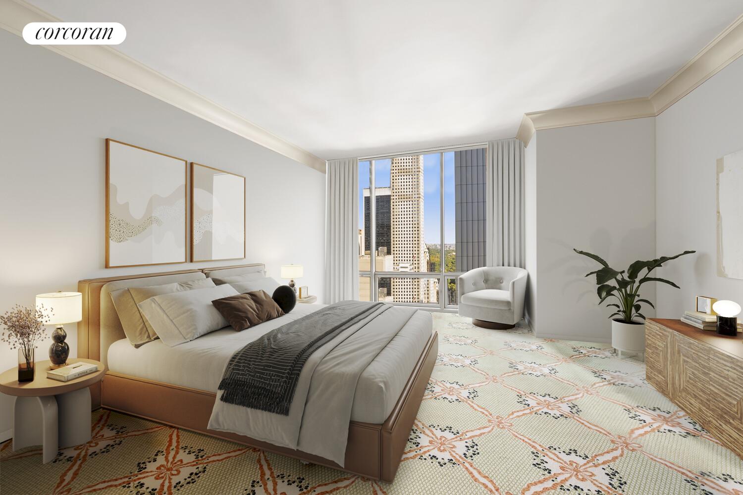 641 5th Avenue, Unit 28A Manhattan, NY 10022 - Photo 3 of 16 a bedroom with a large bed and a large window