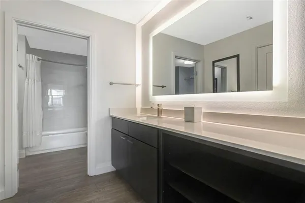 a bathroom with a sink and a mirror