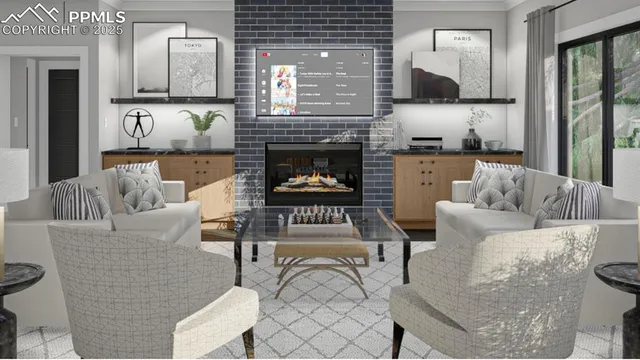 a living room with furniture and a fireplace