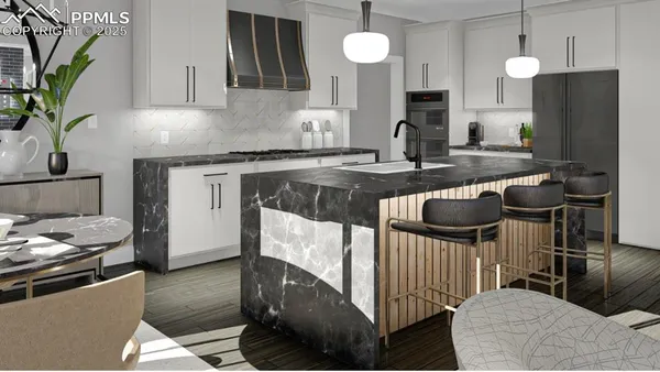 a kitchen with stainless steel appliances granite countertop a sink a stove and a wooden floors