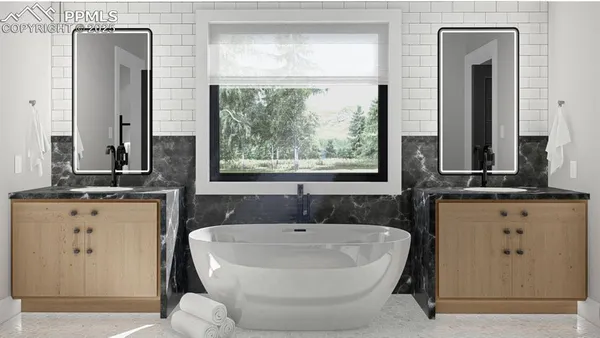 a bathroom with a bathtub and a sink