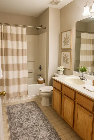 a bathroom with a double vanity sink toilet and shower