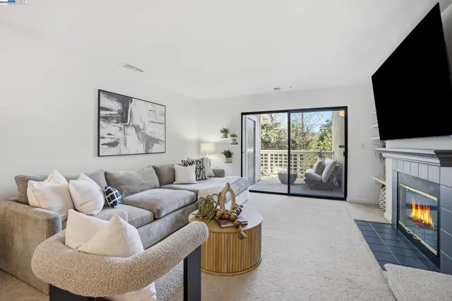 a living room with furniture a flat screen tv and a fireplace