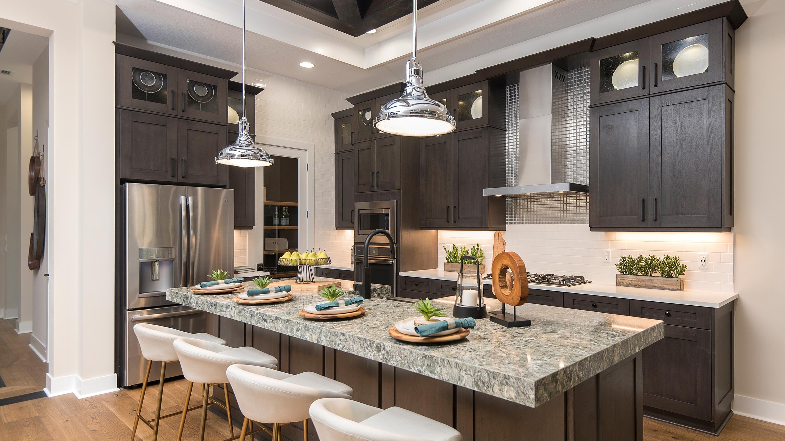 a view of kitchen island with granite countertop furniture and a kitchen view
