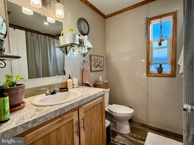 a bathroom with a granite countertop sink toilet and a mirror
