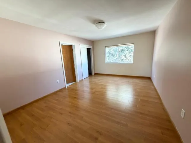 a view of a hallway with wooden floor