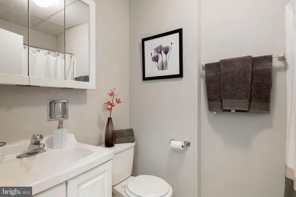 a bathroom with a sink vanity and toilet