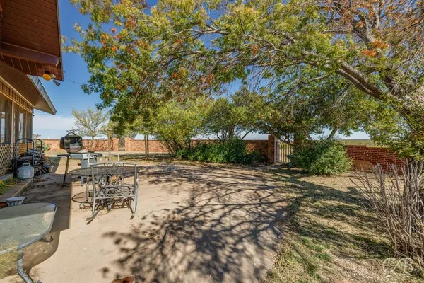 a view of a field with an trees in the background