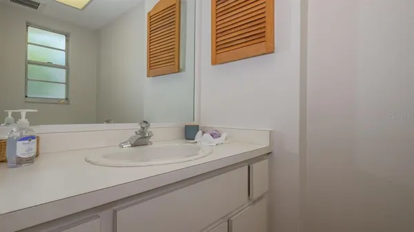 a bathroom with a sink and a mirror